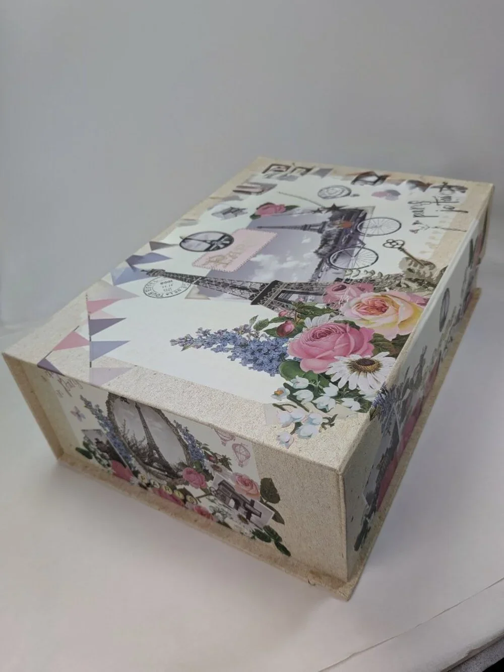 Paris Eiffel Tower Collage Storage Box Whimsical Rustic Floral Large